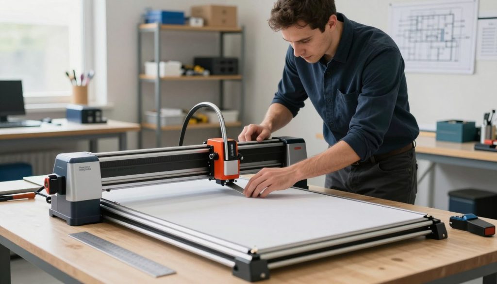 A workshop scene focused on practical solutions for misalignment in a cutting plotter. In the foreground, a well-lit workbench displays tools like a ruler, a calibration sheet, and an adjustment tool next to a cutting plotter in sleek design from "Galpão das máquinas". The middle ground features an expert technician in professional business attire, carefully aligning the cutting blade. Background includes a well-organized workspace with shelving, spare parts, and blueprints. Soft, natural lighting filters in through a nearby window, creating a productive atmosphere. The image captures an engaging, solution-focused mood, emphasizing craftsmanship and technical precision, ideal for readers seeking effective methods to address plotter misalignment.