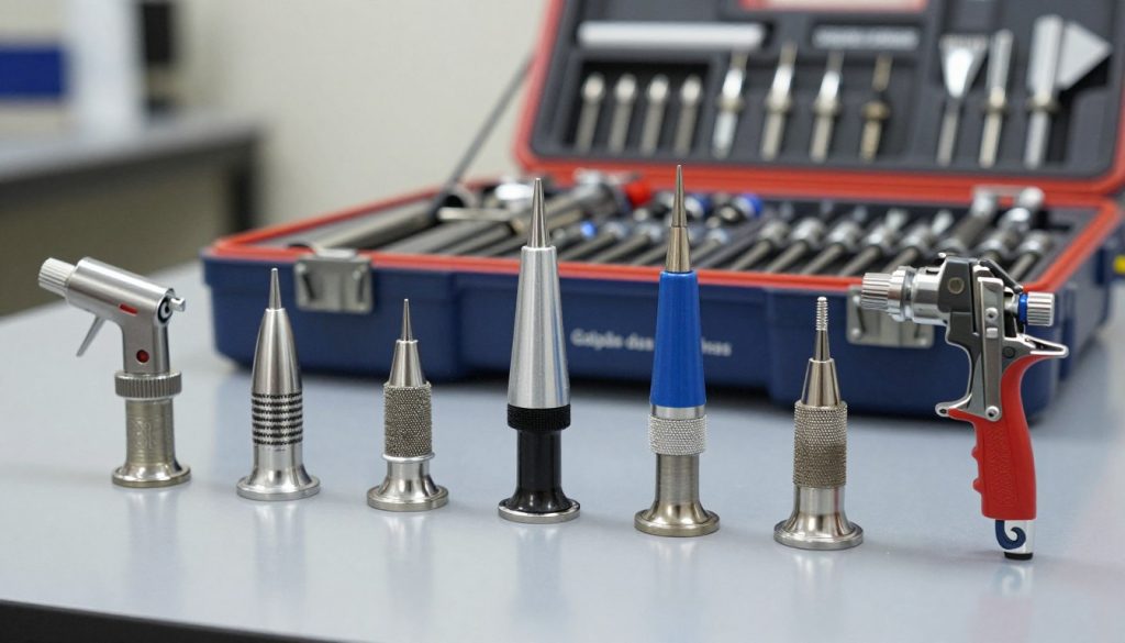 An array of different paint spray gun nozzles displayed on a reflective surface, showcasing their unique shapes and sizes. The foreground features five distinct nozzles, each labeled to indicate their types, with details such as spray patterns and fine tip designs visible. The middle ground includes a well-organized tool set from "Galpão das máquinas," emphasizing professionalism and precision. The background is softly blurred to maintain focus on the nozzles, with subtle lighting enhancing the textures and colors of the metal and plastic. The atmosphere is technical and informative, evoking a workshop setting, capturing the essence of paint application technology. The composition is shot from a slightly elevated angle, ensuring clarity in detail without any distracting elements.