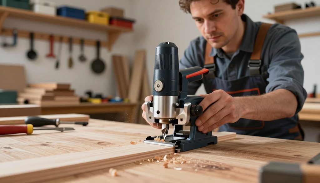 An elegant woodworking workspace featuring a precise router machine in action, set against a backdrop of polished wood surfaces and hand tools. In the foreground, the focus is on the rotating bit of the router, gleaming under bright, diffused lighting that highlights its sharpness and detail. The bit creates fine shavings of wood, caught in mid-air, conveying motion and speed. In the middle ground, a skilled craftsman in professional attire carefully adjusts the speeds on the router, with a look of concentration on their face. The background showcases a well-organized workshop, filled with shelves of tools and piles of wood, enhancing the atmosphere of craftsmanship and precision. The overall mood is focused and enlightening, illustrating the importance of speed adjustment in achieving a superior finish.