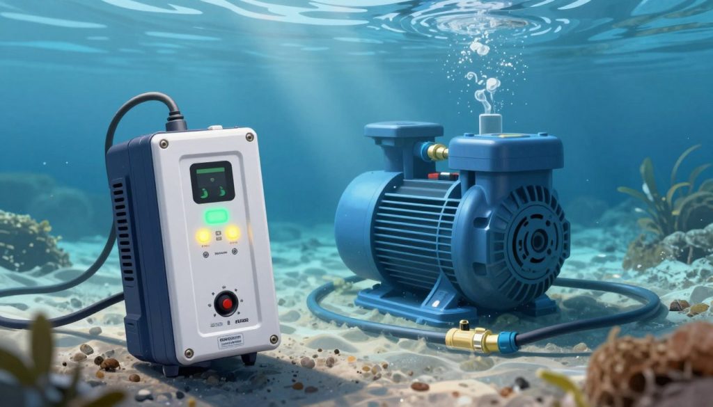 An illustration depicting electrical surge protection for submersible pumps. In the foreground, a robust surge protector unit with LED indicators, highlighting its technical components. In the middle ground, an underwater pump is shown, partially submerged in clear blue water, sitting on a sandy bottom alongside power cables and connections. The background features a blurred underwater landscape with hints of aquatic vegetation, representing a working environment. The image is illuminated with cool, natural lighting that simulates sunlight filtering through the water surface, creating an immersive and professional atmosphere. Angle the shot slightly from above to capture both the surge protector and the pump effectively, ensuring the focus remains on the protective device's reliability and function. An illustration depicting electrical surge protection for submersible pumps. In the foreground, a robust surge protector unit with LED indicators, highlighting its technical components. In the middle ground, an underwater pump is shown, partially submerged in clear blue water, sitting on a sandy bottom alongside power cables and connections. The background features a blurred underwater landscape with hints of aquatic vegetation, representing a working environment. The image is illuminated with cool, natural lighting that simulates sunlight filtering through the water surface, creating an immersive and professional atmosphere. Angle the shot slightly from above to capture both the surge protector and the pump effectively, ensuring the focus remains on the protective device's reliability and function.