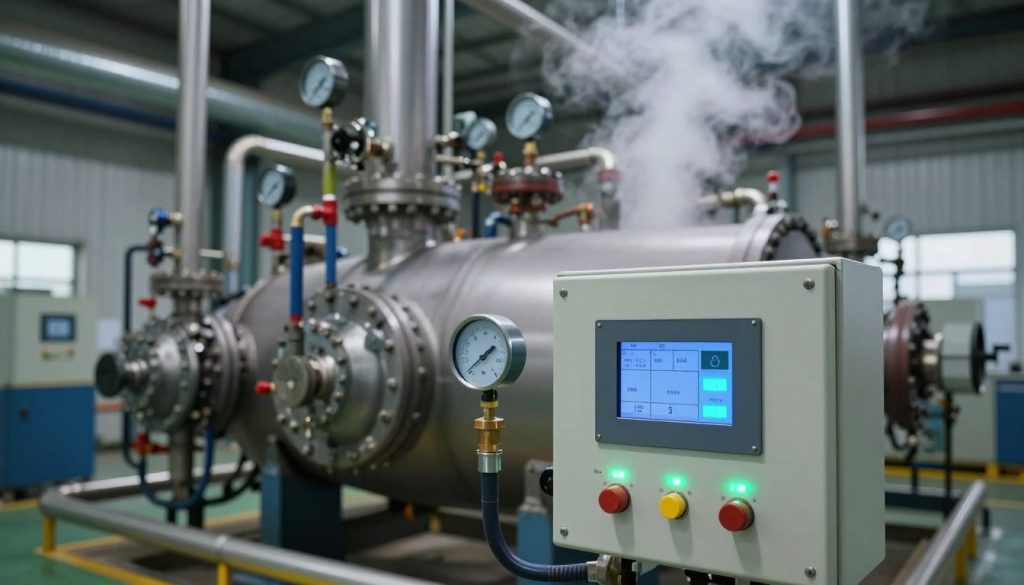 An industrial boiler control system in operation, showcasing an advanced automatic water level control mechanism. In the foreground, a close-up view of a sleek control panel with digital displays indicating water levels, pressure readings, and alerts, illuminated by soft blue and green LED lights. In the middle, a large industrial boiler with pipes and gauges, featuring visible steam rising, indicating active operation. In the background, an expansive factory setting, with additional machinery and equipment, softly blurred to keep focus on the control unit. The overall atmosphere is technical and focused, with a hint of industrial efficiency. Capture this scene from a slightly elevated angle, emphasizing the complexity and precision of the automated systems.