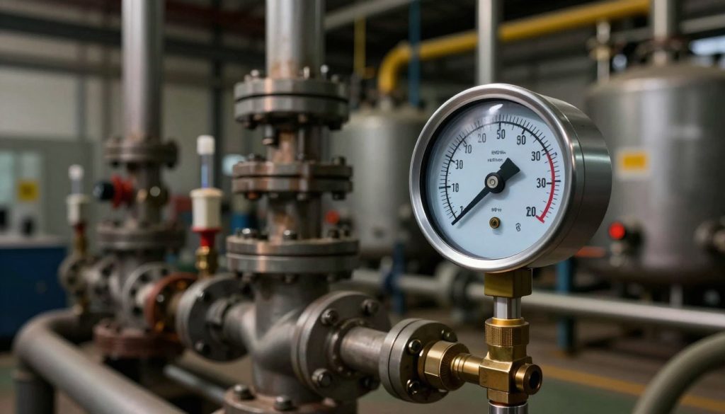 An industrial boiler control system showcasing a water level monitoring device. In the foreground, a sleek, high-tech water level gauge with clear markings, illuminated by soft LED lights, displaying the current water level accurately. The middle ground features an elaborate boiler system with valves and pipes, emphasizing the complex engineering behind industrial boilers. The background includes a blurred view of a factory setting, highlighting the industrial atmosphere with shadowy machines and equipment. Warm ambient lighting enhances the professionalism of the scene, while capturing the intricacies of technology. The overall mood is one of precision and reliability, reflecting the critical nature of water level control in boiler operations.
