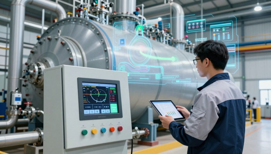 An industrial boiler optimization scene, vividly depicting advanced technologies for energy efficiency. In the foreground, a sleek, modern boiler control panel with digital screens displaying real-time data, surrounded by pipes and valves. In the middle ground, an engineer in professional attire examines the settings, using a tablet to analyze performance metrics. The background features a large industrial boiler, augmented by tech visualizations, like digital energy flow graphics and smart sensors. The ambient lighting is bright and clear, highlighting the high-tech atmosphere. Camera angle slightly low, emphasizing the impressive scale of the boiler and the intricacies of its design, conveying a mood of innovation and progress in energy optimization.