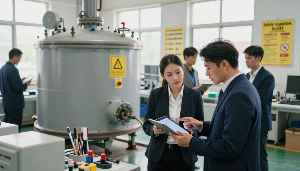 An industrial scene depicting "safety regulations" in a textile factory. In the foreground, a diverse group of professionals, including a woman and a man, both dressed in smart business attire, analyze safety guidelines on a digital tablet. The middle ground features a large, industrial boiler with clearly marked safety signs and emergency shutdown buttons. Tools and equipment are organized neatly around the area, emphasizing a clean and efficient workspace. In the background, large windows allow natural light to flood in, illuminating safety posters on the walls. The atmosphere is focused and professional, conveying a strong commitment to safety in the workplace. Use soft, natural lighting to enhance the realism and detail of the scene, captured from a slightly elevated angle for a comprehensive view.