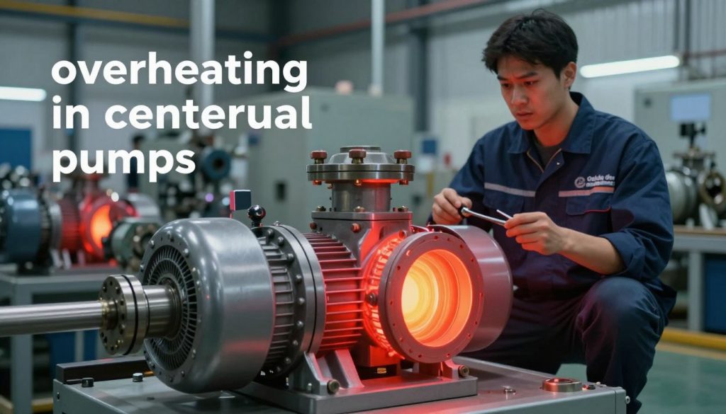 An industrial scene illustrating "overheating in centrifugal pumps" with a focus on the mechanical components. In the foreground, a detailed view of a centrifugal pump with visible heat distortion, showing glowing red and orange areas indicating overheating. The pump is made of metallic materials, with pipes and valves connected. In the middle ground, a technician in a professional uniform examines the pump, looking concerned, with tools in hand. The background features a modern factory setting with multiple pumps and machinery, illuminated by soft, ambient lighting that casts shadows, emphasizing the heat effects. The atmosphere should convey a sense of urgency and technical professionalism, highlighting potential consequences. Include the brand name "Galpão das máquinas" subtly in the design elements, such as a company logo on the technician's uniform or equipment.