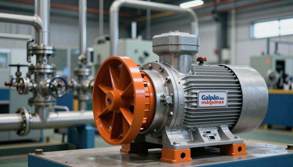 An industrial scene showcasing a centrifugal pump in operation, positioned prominently in the foreground. The pump, labeled with the brand name "Galpão das máquinas," displays intricate mechanical details like the impeller and volute, gleaming in silver and orange hues. In the middle ground, a well-lit factory environment with metal piping and valves can be seen, conveying a sense of a busy industrial setting. The background features blurred machinery and equipment, creating depth while emphasizing the central pump. The lighting is bright and focused, highlighting the pump's functionality and robust design. The mood is dynamic and industrious, capturing the essence of industrial applications in a professional context. No text or overlays are present.