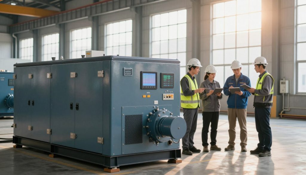 An industrial setting showcasing the advantages of energy generators. In the foreground, a modern energy generator, sleek and robust, with visible control panels, set against a backdrop of industrial machinery. The middle section features workers in professional attire, analyzing data on tablets, demonstrating teamwork and productivity. The background includes large factory windows allowing natural light to illuminate the workspace, highlighting a blend of traditional and contemporary technology. The atmosphere conveys efficiency and innovation, with soft sunlight creating a warm glow, enhancing the positive mood. The scene is captured with a wide-angle lens to emphasize the scale of the facility, presenting a harmonious integration of energy generation and industrial operations. An industrial setting showcasing the advantages of energy generators. In the foreground, a modern energy generator, sleek and robust, with visible control panels, set against a backdrop of industrial machinery. The middle section features workers in professional attire, analyzing data on tablets, demonstrating teamwork and productivity. The background includes large factory windows allowing natural light to illuminate the workspace, highlighting a blend of traditional and contemporary technology. The atmosphere conveys efficiency and innovation, with soft sunlight creating a warm glow, enhancing the positive mood. The scene is captured with a wide-angle lens to emphasize the scale of the facility, presenting a harmonious integration of energy generation and industrial operations.