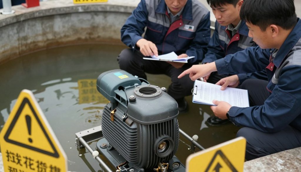 An industrial setting showcasing the critical errors in the installation of submersible pumps. In the foreground, a visually striking close-up of a submerged pump with visible misalignments and improper positioning, surrounded by warning signs. The middle ground features technicians in professional attire examining the installation site, pointing at the issues while holding technical documents. The background reveals a partially submerged well with murky water, emphasizing the consequences of incorrect positioning, like sediment buildup. Soft, focused lighting highlights the technical details of the pump and the expressions of concern on the technicians’ faces. The mood is serious and informative, capturing the importance of proper submersible pump placement in an industrial context.
