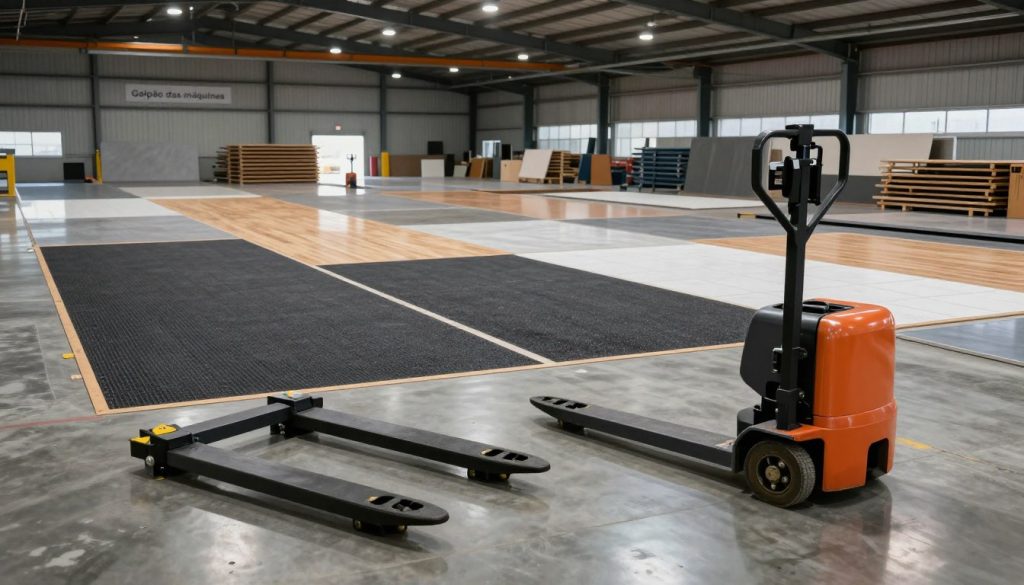 An industrial warehouse interior showcasing various types of floors compatible with electric pallet trucks. In the foreground, a sleek electric pallet truck is parked on a polished concrete floor, reflecting its smooth surface. The middle layer features different floor types, such as textured rubber, smooth tile, and wooden planks, organized neatly to highlight their unique characteristics. The background reveals an expansive warehouse with high ceilings, ambient lighting illuminating the scene, creating a professional atmosphere. Add subtle signage for "Galpão das máquinas" in the warehouse setting, ensuring it blends seamlessly into the environment. Use a wide-angle lens to capture the depth and variety of flooring types, with a focus on clarity and detail, making the image informative and visually appealing.