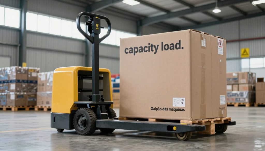 An industrial warehouse setting, showcasing a powerful electric pallet jack loaded with heavy boxes, illustrating the concept of "capacity load." The pallet jack, branded with "Galpão das máquinas," is prominently placed in the foreground, displaying its wheels and load capacity indicators. In the middle ground, stacks of pallets and various goods emphasize the load management aspect. The background features a spacious warehouse with high ceilings, large windows allowing natural light to flood in, and safety signs related to load capacity. The scene captures a professional atmosphere, focusing on the efficiency and importance of material handling. Lighting is bright and clear, emphasizing the details of the machinery. The angle is slightly low, providing a grand perspective of the equipment in use, evoking a sense of industrial strength and reliability. An industrial warehouse setting, showcasing a powerful electric pallet jack loaded with heavy boxes, illustrating the concept of "capacity load." The pallet jack, branded with "Galpão das máquinas," is prominently placed in the foreground, displaying its wheels and load capacity indicators. In the middle ground, stacks of pallets and various goods emphasize the load management aspect. The background features a spacious warehouse with high ceilings, large windows allowing natural light to flood in, and safety signs related to load capacity. The scene captures a professional atmosphere, focusing on the efficiency and importance of material handling. Lighting is bright and clear, emphasizing the details of the machinery. The angle is slightly low, providing a grand perspective of the equipment in use, evoking a sense of industrial strength and reliability.