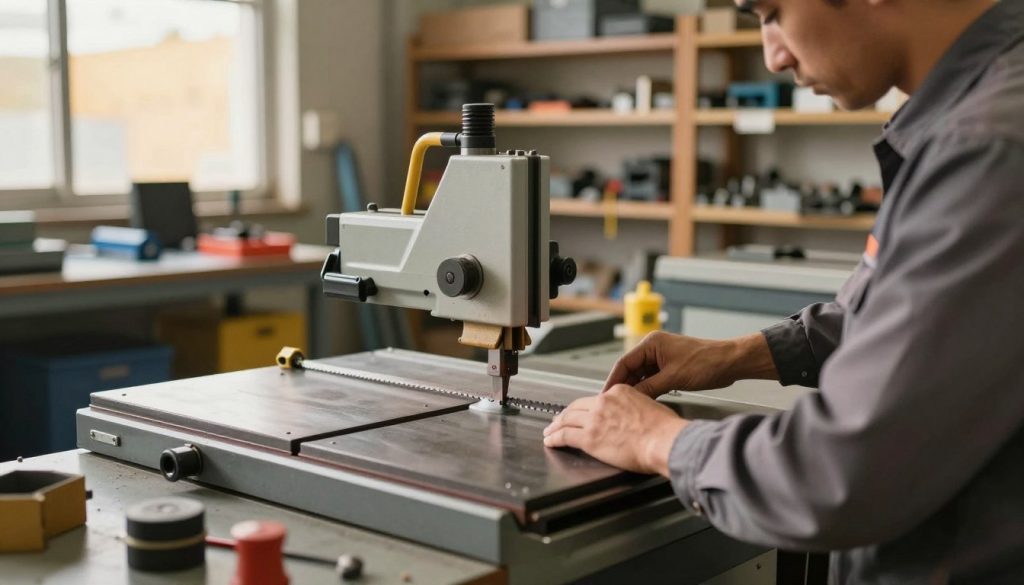 An industrial workshop scene focused on a band saw experiencing excessive vibration issues. In the foreground, a technician in a professional work shirt is adjusting the saw’s tension and blade alignment, surrounded by various tools. In the middle, the band saw itself is prominently displayed, with visible vibration dampening solutions like rubber mounts and stabilizers. In the background, shelves with spare parts and safety equipment are neatly organized, while large windows let in warm, natural light creating a productive atmosphere. The composition captures a sense of urgency and problem-solving with a slightly blurred depth of field to emphasize the technician’s hands at work. The overall mood is focused and industrious, reflecting practical solutions to mechanical issues.