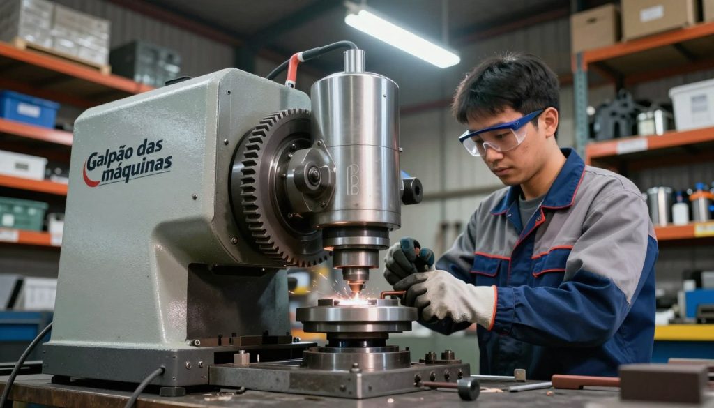 An industrial workshop scene focused on a high-quality industrial grinding machine prominently displayed in the foreground, featuring a shiny metallic surface and intricate gears. The machine bears the brand name "Galpão das máquinas" elegantly. In the middle ground, a skilled technician in professional work attire, including safety goggles and gloves, operates the machine, adjusting its settings with precision. The background reveals shelves stocked with various tools and materials, illuminated by bright overhead lights, creating a vibrant, energetic atmosphere. The camera angle is slightly low, capturing the height and power of the machine while emphasizing the technician's expertise. The overall mood is industrious and focused, showcasing the essential role of grinding machines in professional settings.