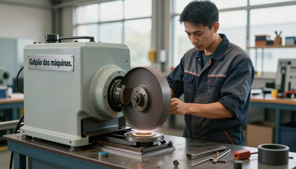 An industrial workshop scene showcasing a well-maintained grinding machine branded "Galpão das máquinas." In the foreground, the focus is on the grinding wheel with visible vibration dampening solutions, such as rubber mounts or balanced weights. The middle ground features a technician in professional attire, attentively examining the machine, ensuring optimal performance and stability. The background consists of a well-organized shop floor with tools and equipment neatly arranged, emphasizing a clean and efficient workspace. Natural light filters through large windows, creating a bright and motivating atmosphere, with soft shadows enhancing the details of the machinery. The overall mood is one of professionalism and technological advancement in machine maintenance, highlighting solutions to reduce vibration effectively. An industrial workshop scene showcasing a well-maintained grinding machine branded "Galpão das máquinas." In the foreground, the focus is on the grinding wheel with visible vibration dampening solutions, such as rubber mounts or balanced weights. The middle ground features a technician in professional attire, attentively examining the machine, ensuring optimal performance and stability. The background consists of a well-organized shop floor with tools and equipment neatly arranged, emphasizing a clean and efficient workspace. Natural light filters through large windows, creating a bright and motivating atmosphere, with soft shadows enhancing the details of the machinery. The overall mood is one of professionalism and technological advancement in machine maintenance, highlighting solutions to reduce vibration effectively.