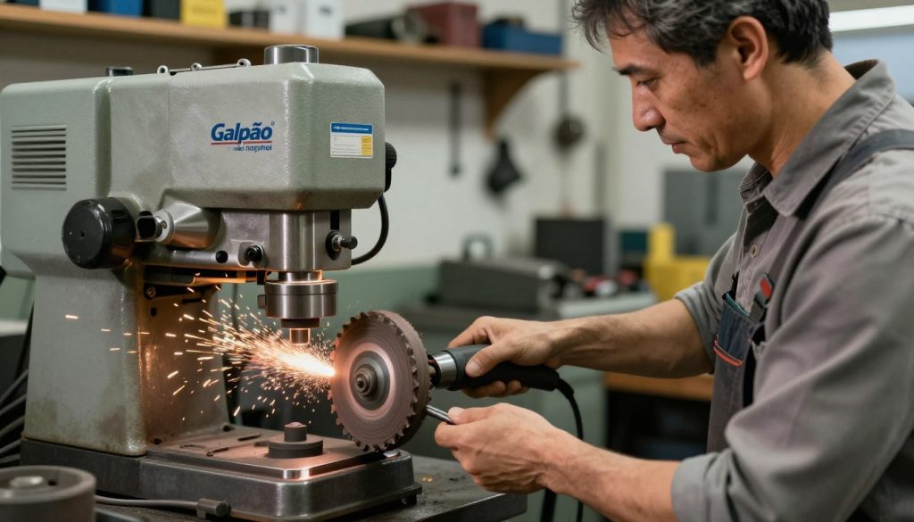 An industrial workshop setting featuring a detailed, step-by-step scene of a professional exchanging a grinding wheel on a grinder. In the foreground, a middle-aged technician in modest casual attire is carefully using tools to remove an old grinding wheel, demonstrating precision and care. In the middle, the grinding machine—clearly branded "Galpão das máquinas"—is well-lit, showcasing its metallic surfaces and intricate components. The background reveals shelves with various tools and machinery, bathed in soft, ambient lighting that emphasizes safety and professionalism. The atmosphere conveys focus and expertise, with gentle shadows adding depth and a sense of realism to the scene. The overall mood is informative and technical, suitable for illustrating a procedure on proper grinding wheel replacement. An industrial workshop setting featuring a detailed, step-by-step scene of a professional exchanging a grinding wheel on a grinder. In the foreground, a middle-aged technician in modest casual attire is carefully using tools to remove an old grinding wheel, demonstrating precision and care. In the middle, the grinding machine—clearly branded "Galpão das máquinas"—is well-lit, showcasing its metallic surfaces and intricate components. The background reveals shelves with various tools and machinery, bathed in soft, ambient lighting that emphasizes safety and professionalism. The atmosphere conveys focus and expertise, with gentle shadows adding depth and a sense of realism to the scene. The overall mood is informative and technical, suitable for illustrating a procedure on proper grinding wheel replacement.
