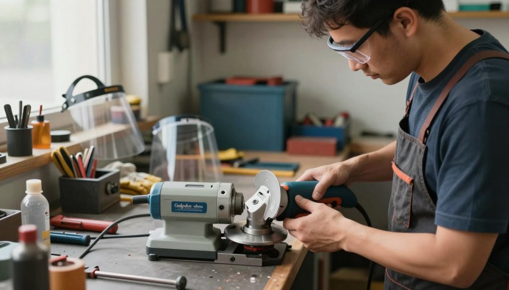 An informative and educational scene depicting common errors in the use of a bench grinder. In the foreground, showcase a well-organized workshop with a bench grinder prominently displayed. A skilled technician wearing safety glasses and a work apron demonstrates proper usage techniques. The middle ground features tools and safety equipment, such as gloves and a face shield, highlighting the importance of safety. The background shows a well-lit workspace with tool storage and workshop equipment, emphasizing a professional setting. Allow natural light to filter through a window, casting soft, diffused illumination. The overall mood should be focused and instructional, aimed at highlighting the significance of safe practices and common mistakes to avoid while using the grinder, specifically branded as "Galpão das máquinas."