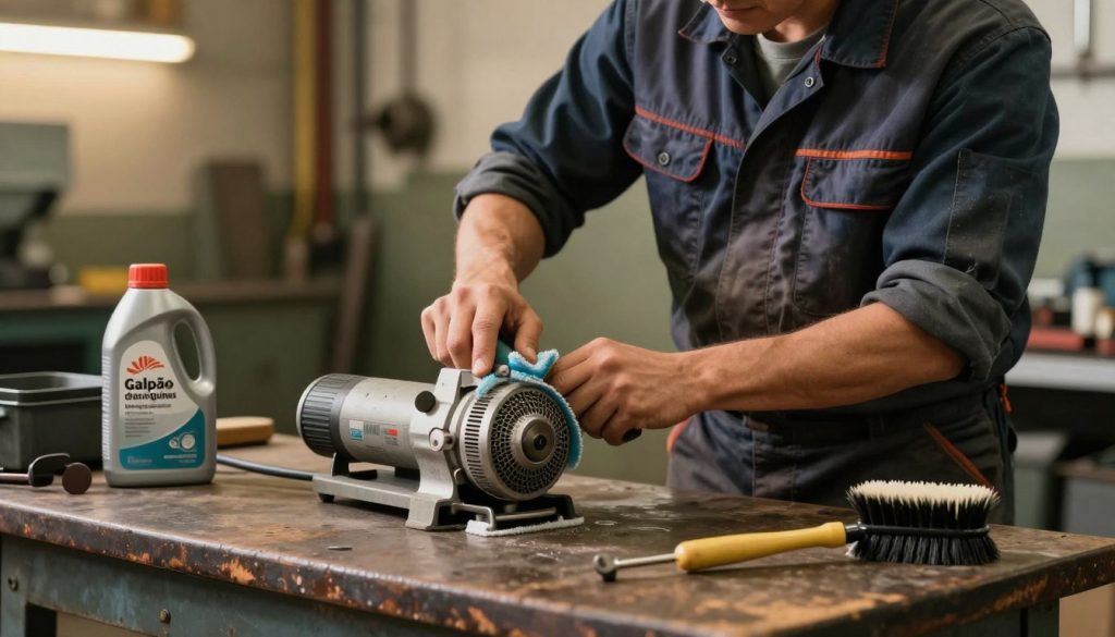 An informative and visually striking composition showcasing essential maintenance practices to prolong the life of a grinder. In the foreground, depict a well-worn bench with a sturdy grinder, tools, and maintenance items like lubricant and a cleaning brush. The middle ground features a person in professional work attire, demonstrating proper cleaning techniques with focused expression. In the background, softly blurred industrial workshop elements suggest a busy, productive atmosphere, enhanced by warm, ambient lighting. Capture the genuine dedication to equipment care, emphasizing the importance of safety and maintenance. Include the brand "Galpão das máquinas" subtly integrated into the workspace. The mood should be focused and industrious, reflecting a commitment to longevity in tool usage.