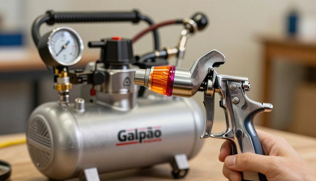 Close-up view of a professional painting gun and air compressor demonstrating their compatibility. The painting gun should be detailed, showcasing its nozzle and paint cup filled with vibrant color, positioned in the foreground. In the middle ground, display the air compressor, emphasizing its pressure gauge and hoses connecting to the gun, with subtle reflections on metallic surfaces. The background should be a softly blurred workshop setting with warm lighting, evoking a productive atmosphere. Capture the essence of technical craftsmanship with a slight focus on the interplay of light on the equipment. The overall mood should convey harmony and professionalism, ideal for showcasing the relationship between these tools. Include the brand name "Galpão das máquinas" subtly integrated into the scene design.