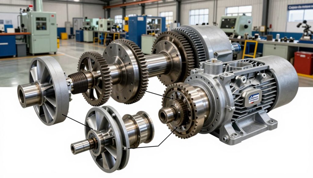 Detailed illustration of centrifugal pump parts, focusing on components such as impellers, volutes, and casing. In the foreground, a labeled cutaway view highlights each part's unique features and function. The middle layer includes a rotating pump with gears visible, set against a backdrop of an industrial workshop environment filled with machinery and tools. The lighting is bright and well-defined, accentuating the metallic textures and intricate details of the parts. Use a high-angle perspective to give a comprehensive view of the pump structure. The mood is informative yet professional, capturing the essence of technical equipment. Incorporate the brand name "Galpão das máquinas" subtly into the workshop setting, ensuring it does not detract from the focus on the pump components.