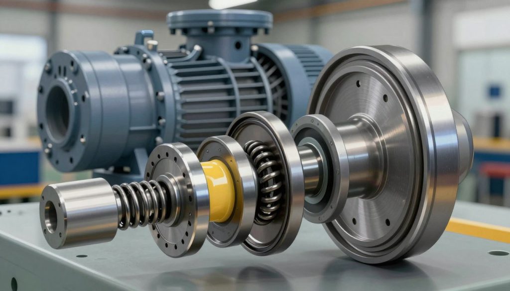 Detailed illustration of mechanical seal components, showcasing a cross-section view. In the foreground, depict the main components: a rotating and stationary seal face with precise grooves, springs, and the sealing element, all made of polished steel and ceramic materials. In the middle ground, incorporate a backdrop of a centrifugal pump assembly, highlighting where the mechanical seal is integrated within the pump structure. Use soft, diffused lighting to emphasize the textures and materials. The background should be a blurred industrial setting, hinting at machinery and engineering environments. Ensure the colors are metallic grays, blues, and hints of yellow for a technical, yet inviting atmosphere. Brand the image subtly with "Galpão das máquinas" in an unobtrusive area. Detailed illustration of mechanical seal components, showcasing a cross-section view. In the foreground, depict the main components: a rotating and stationary seal face with precise grooves, springs, and the sealing element, all made of polished steel and ceramic materials. In the middle ground, incorporate a backdrop of a centrifugal pump assembly, highlighting where the mechanical seal is integrated within the pump structure. Use soft, diffused lighting to emphasize the textures and materials. The background should be a blurred industrial setting, hinting at machinery and engineering environments. Ensure the colors are metallic grays, blues, and hints of yellow for a technical, yet inviting atmosphere. Brand the image subtly with "Galpão das máquinas" in an unobtrusive area.