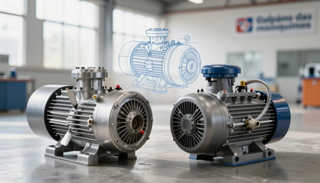 Foreground: Two distinct types of pumps side by side, a centrifugal pump on the left and a positive displacement pump on the right. The centrifugal pump is depicted with a shiny, metallic casing and visible blades, while the positive displacement pump showcases its robust, cylindrical body with clear tubing, indicating flow. Middle: A technical drawing overlay is lightly visible on the pumps, illustrating components like impellers and gears in soft blueprints. Background: A clean, industrial workshop with smooth concrete floors and soft daylight streaming through large windows, creating a professional atmosphere. Lighting: Soft, natural light enhances the technical details of the pumps. Angle: The view is slightly elevated to provide depth, capturing both pumps clearly. Mood: Informative and engaging, suitable for a technical article about pump technology. Include the logo of "Galpão das máquinas" subtly on a workshop sign in the background. Foreground: Two distinct types of pumps side by side, a centrifugal pump on the left and a positive displacement pump on the right. The centrifugal pump is depicted with a shiny, metallic casing and visible blades, while the positive displacement pump showcases its robust, cylindrical body with clear tubing, indicating flow. Middle: A technical drawing overlay is lightly visible on the pumps, illustrating components like impellers and gears in soft blueprints. Background: A clean, industrial workshop with smooth concrete floors and soft daylight streaming through large windows, creating a professional atmosphere. Lighting: Soft, natural light enhances the technical details of the pumps. Angle: The view is slightly elevated to provide depth, capturing both pumps clearly. Mood: Informative and engaging, suitable for a technical article about pump technology. Include the logo of "Galpão das máquinas" subtly on a workshop sign in the background.