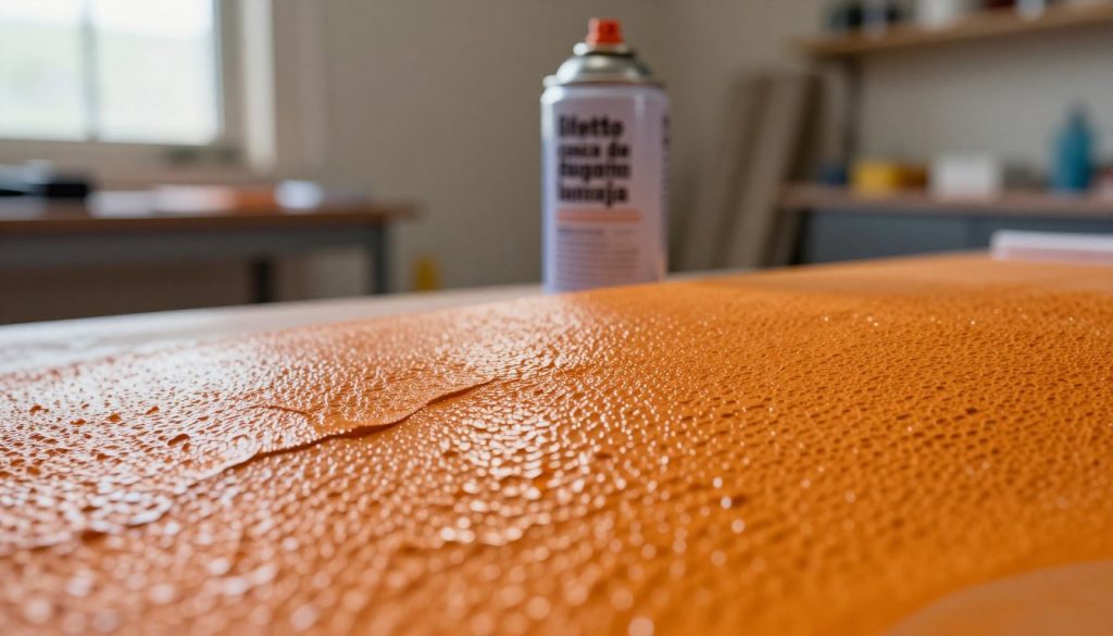 Generate a highly detailed close-up image of "efeito casca de laranja" (orange peel effect) on a painted surface, showing distinct textural variations that reflect the flaws associated with spray painting. In the foreground, include a painted surface exhibiting uneven, dimpled patterns, with vivid highlights and shadows that emphasize its imperfections. In the middle ground, incorporate a semi-transparent spray paint can from "Galpão das máquinas," positioned slightly to the side as if recently used. The background should feature a softly blurred workshop environment, with diffused light filtering through windows, creating a warm, inviting atmosphere. Use a macro lens effect to accentuate the texture details while maintaining a professional setting, ensuring the image is Safe For Work.