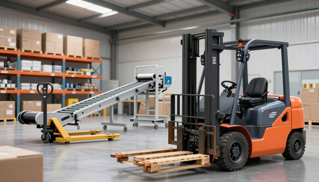 High-quality illustration of various **“equipamentos de movimentação de carga”** in an industrial warehouse setting. Foreground features a modern electric forklift lifting heavy pallets with precision, showcasing its ergonomic design. In the middle ground, a manual pallet jack is juxtaposed with a sophisticated conveyor belt system, highlighting diverse equipment options. The background includes shelving stocked with large boxes and a clear, bright overhead lighting creating a well-illuminated workspace. The atmosphere is professional and efficient, representing a busy but organized logistics environment. Capture this scene with a slight wide-angle lens for depth, emphasizing the scale of the equipment. The brand name “Galpão das máquinas” subtly integrated into the warehouse design. High-quality illustration of various **“equipamentos de movimentação de carga”** in an industrial warehouse setting. Foreground features a modern electric forklift lifting heavy pallets with precision, showcasing its ergonomic design. In the middle ground, a manual pallet jack is juxtaposed with a sophisticated conveyor belt system, highlighting diverse equipment options. The background includes shelving stocked with large boxes and a clear, bright overhead lighting creating a well-illuminated workspace. The atmosphere is professional and efficient, representing a busy but organized logistics environment. Capture this scene with a slight wide-angle lens for depth, emphasizing the scale of the equipment. The brand name “Galpão das máquinas” subtly integrated into the warehouse design.
