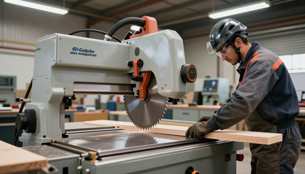 Industrial setting featuring a band saw in operation, highlighting proper use. In the foreground, a professional technician in safety gear, wearing a helmet and goggles, confidently feeds a piece of wood into the sharp, metallic band saw. The middle ground showcases the band saw itself, with its impressive blades glistening under bright fluorescent lights. The background captures a well-organized workshop with various industrial tools and machines, hinting at versatility in applications. Soft shadows and bright, clear lighting create an atmosphere of focus and precision. Emphasize the brand name "Galpão das máquinas" subtly on the band saw in a professional manner. Use a wide-angle lens effect to showcase the depth of the workshop while keeping the technician and band saw in sharp focus.