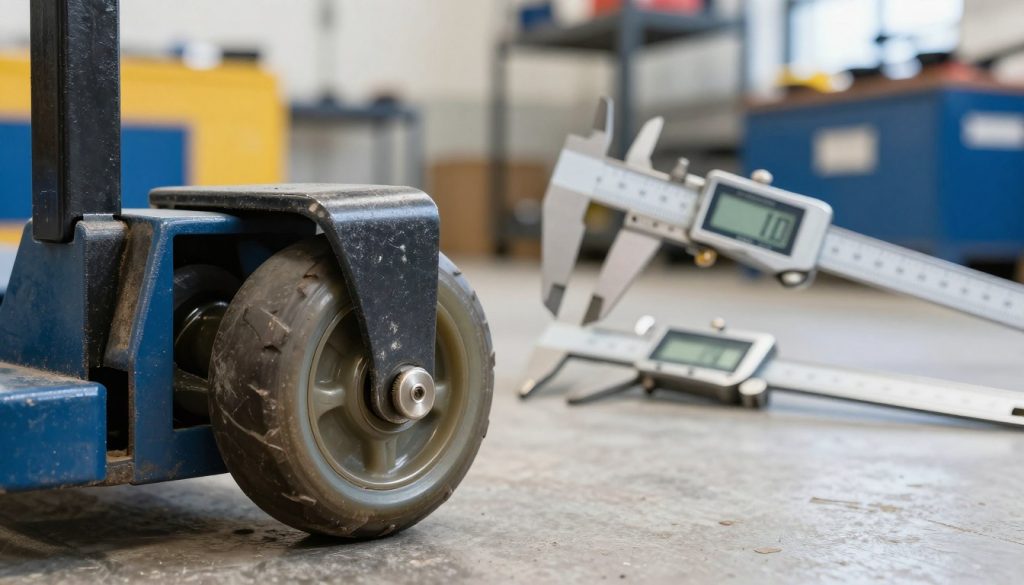Industrial wheels for manual pallet jacks, prominently displayed in the foreground, showcasing their robust rubber and metal construction. The wheels should exhibit signs of wear, such as scuff marks and uneven surfaces, illustrating the theme of wear assessment. In the middle ground, a distinct set of measurement tools like calipers and a digital gauge can be positioned, emphasizing precise evaluation methods. The background should be a well-lit workshop setting with tools and equipment subtly blurred, creating an atmosphere of professionalism and diligence. Use soft, natural lighting to enhance details, ensuring a clear and focused perspective as if photographed with a macro lens at eye level. Brand logo “Galpão das máquinas” subtly integrated in the scene without text.