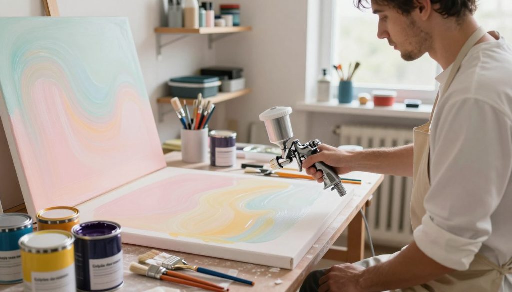 Vividly illustrate a painting workshop scene focused on techniques for achieving a smooth finish with a spray gun. In the foreground, a professional painter in a clean, modest outfit is carefully adjusting a spray gun, surrounded by vibrant paint cans labeled with "Galpão das máquinas." The middle ground features a workbench cluttered with brushes, rags, and various painting tools, while a large canvas displays an even, glossy finish in soft pastel colors, emphasizing the importance of technique. In the background, well-organized shelves hold additional tools and equipment, softly illuminated by natural light coming through a window, creating an inviting and productive atmosphere. The angle captures the process authentically, with a warm and focused mood that encourages learning and mastery of the craft.