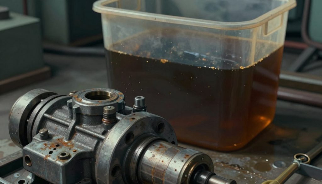 a detailed illustration of hydraulic oil contamination. In the foreground, show a close-up of a metallic hydraulic pump with visible signs of damage, such as rust and residue. In the middle ground, depict a transparent container filled with dark, murky hydraulic oil, with particles suspended in it, symbolizing contamination. The background should include an industrial workshop setting, with faint outlines of machinery and tools in soft focus. Use moody, dim lighting to convey a sense of neglect and danger, with shadows creeping around the equipment. Angle the shot slightly from above to create depth and emphasize the importance of monitoring hydraulic oil cleanliness.