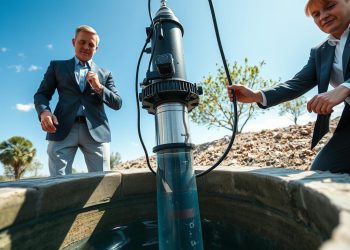 Home e mulher ao lado de bomba submersa