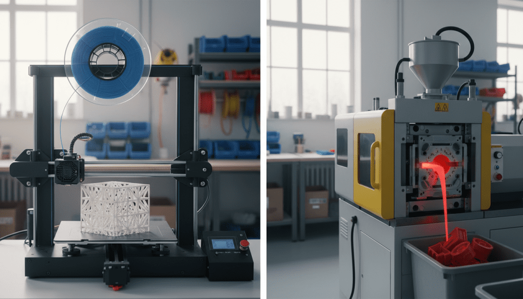 comparação entre impressora 3D e injeção plástica
