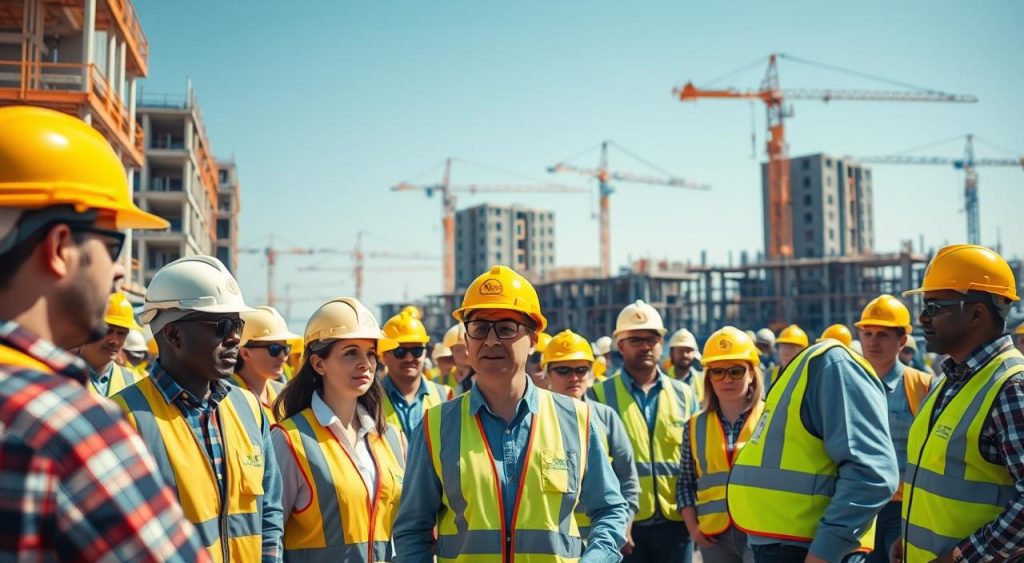 fluxo de trabalhadores em canteiros de obras