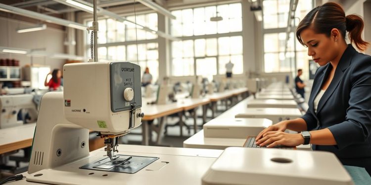 máquina overlock e integração em linha