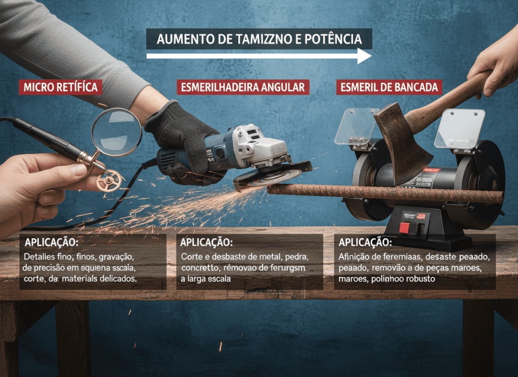 Comparação entre micro retífica e outras ferramentas maiores