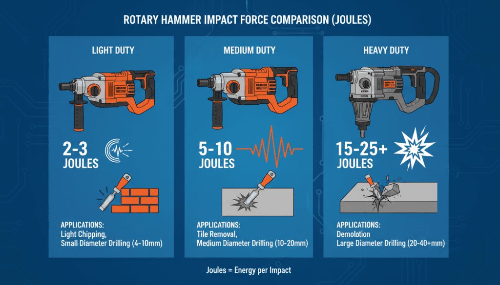 Demonstração visual da força de impacto de diferentes marteletes em joules