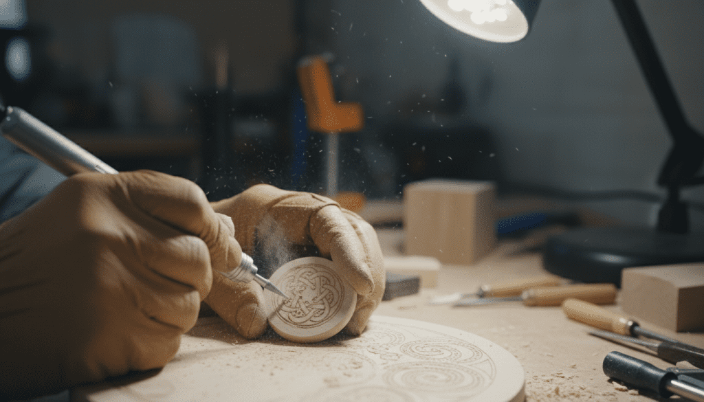 Pessoa utilizando micro retífica para gravação em madeira