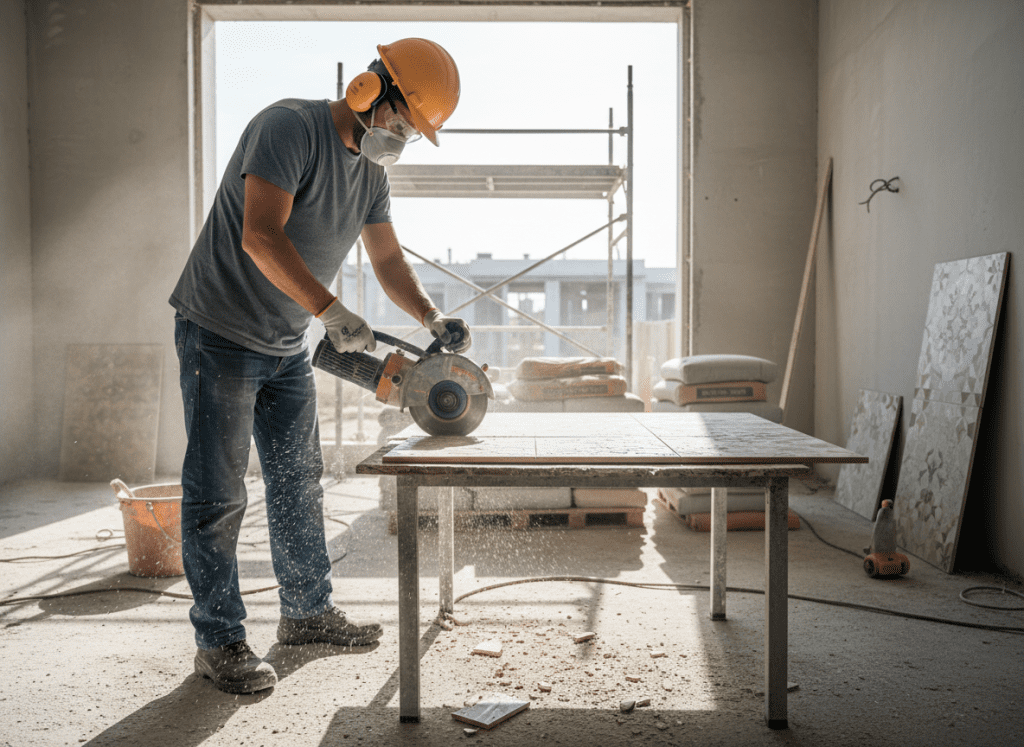 Profissional utilizando serra mármore em obra