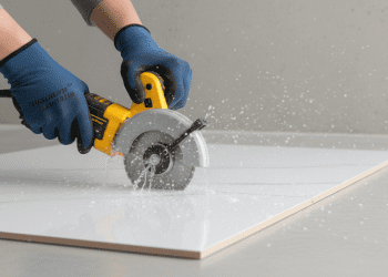 Serra mármore cortando porcelanato com jato d'água para refrigeração