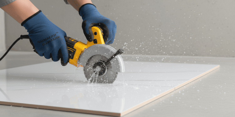 Serra mármore cortando porcelanato com jato d'água para refrigeração