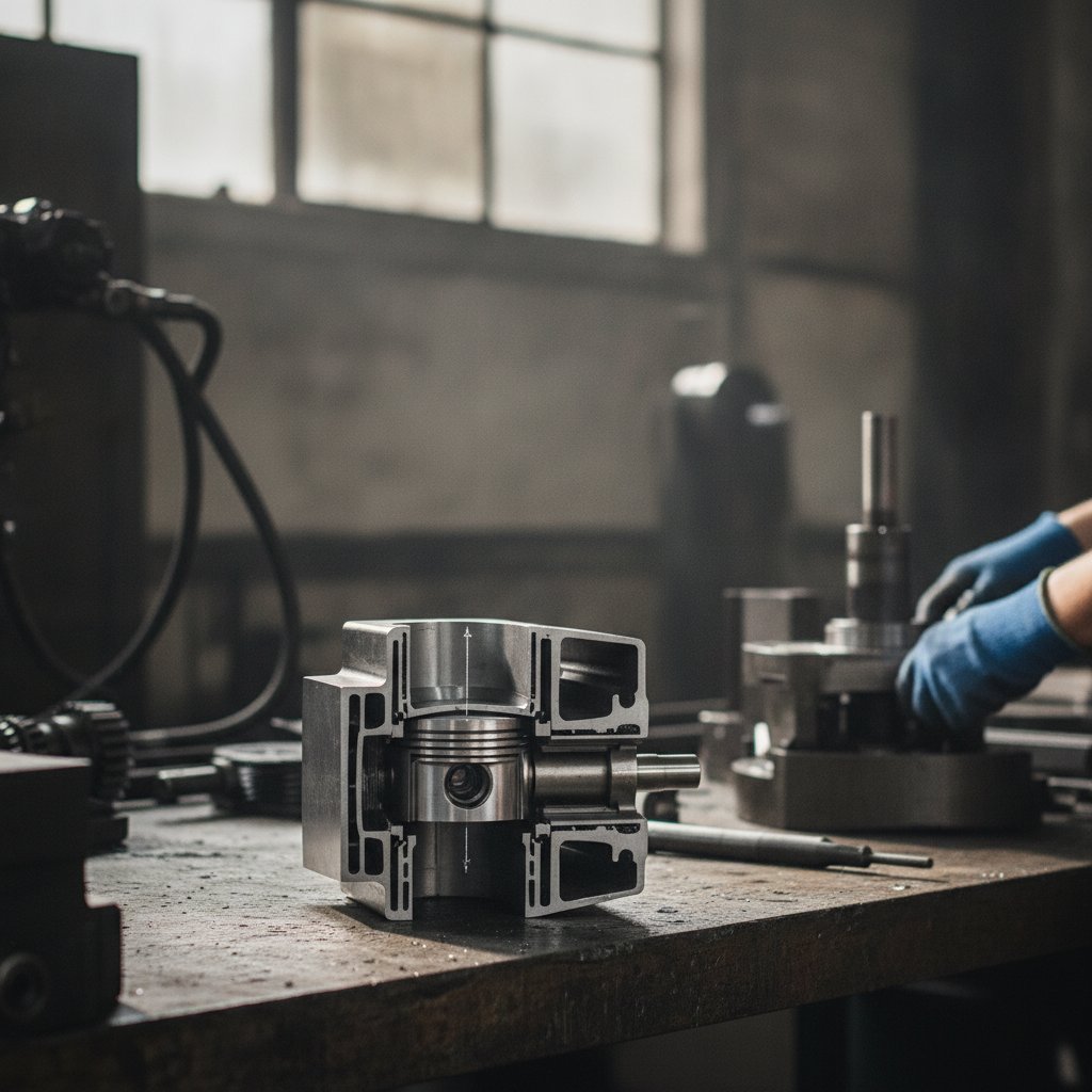 Corte esquemático mostrando pistão e válvulas de um compressor de ar alternativo