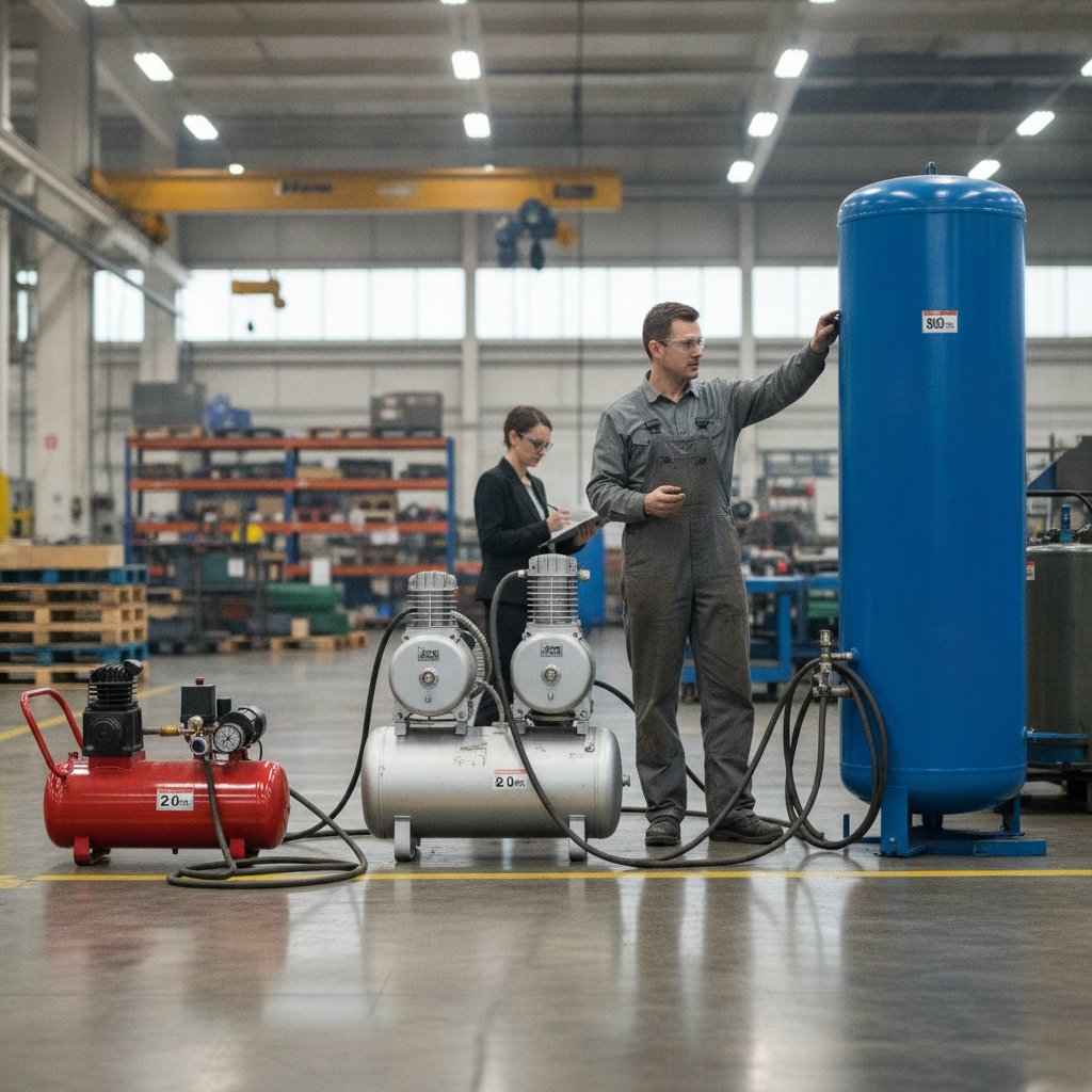 Compressores de ar com reservatórios de diferentes litragens lado a lado, do doméstico ao industrial