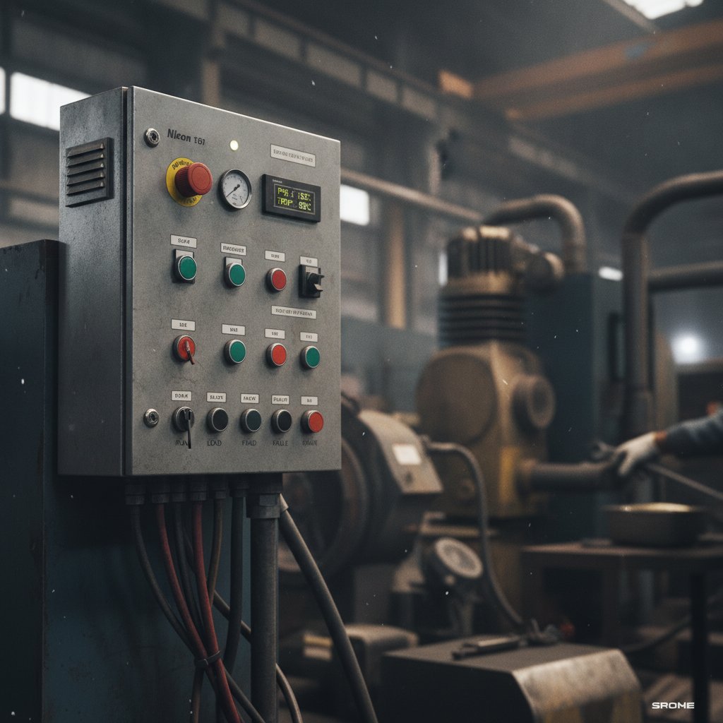Painel de controle de compressor de ar parafuso industrial com manômetros e indicadores