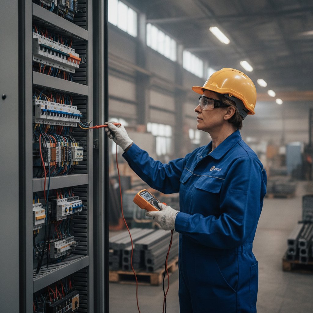 Técnico usando multímetro para medir tensão no quadro elétrico antes de instalar compressor de ar