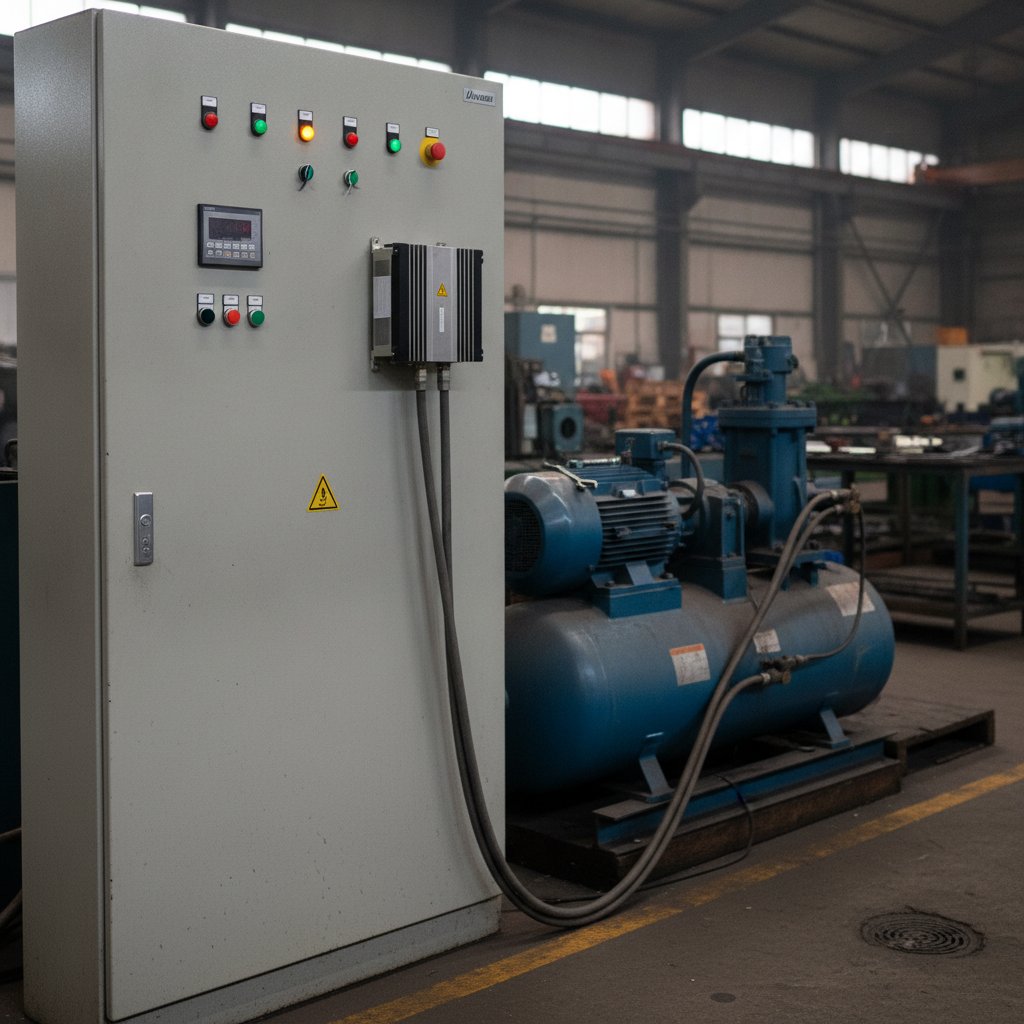 Painel com inversor de frequência integrado em compressor parafuso industrial