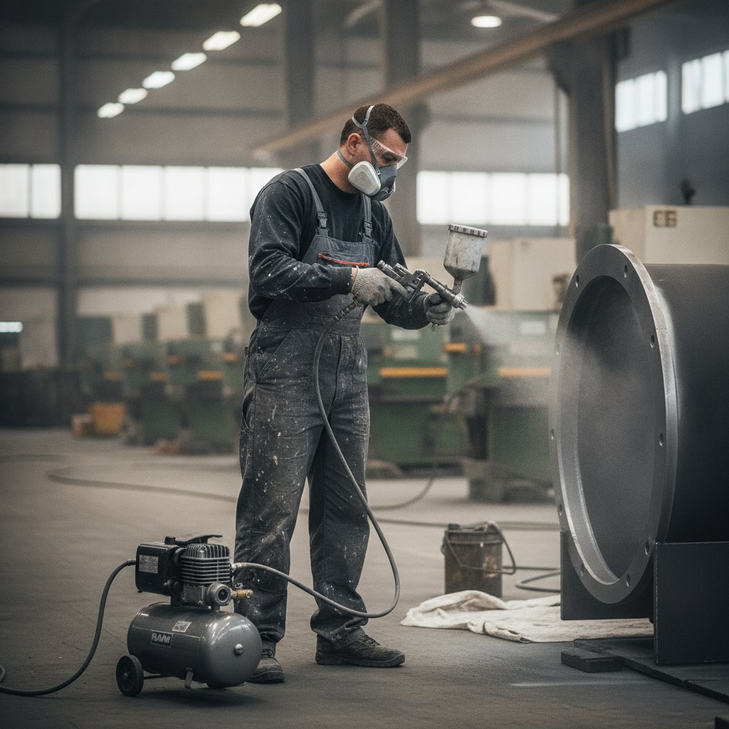 Profissional autônomo utilizando pistola de pintura pneumática conectada a compressor de ar de pequeno porte