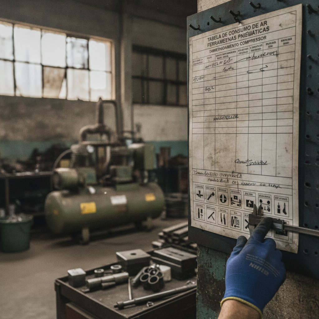 Tabela com consumo em PCM de ferramentas pneumáticas comuns, usada para calcular o compressor de ar adequado