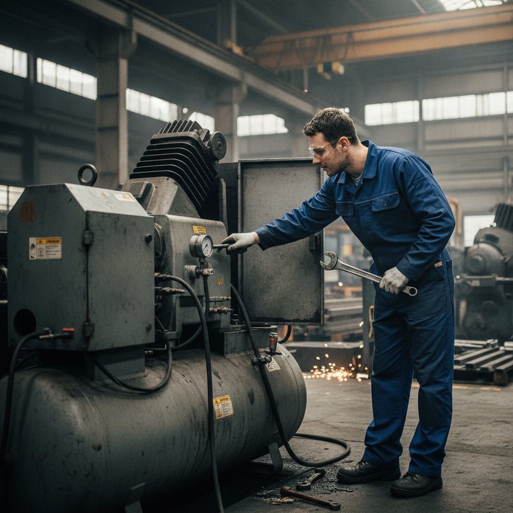 Técnico verificando compressor de ar durante inspeção de manutenção preventiva em linha de produção