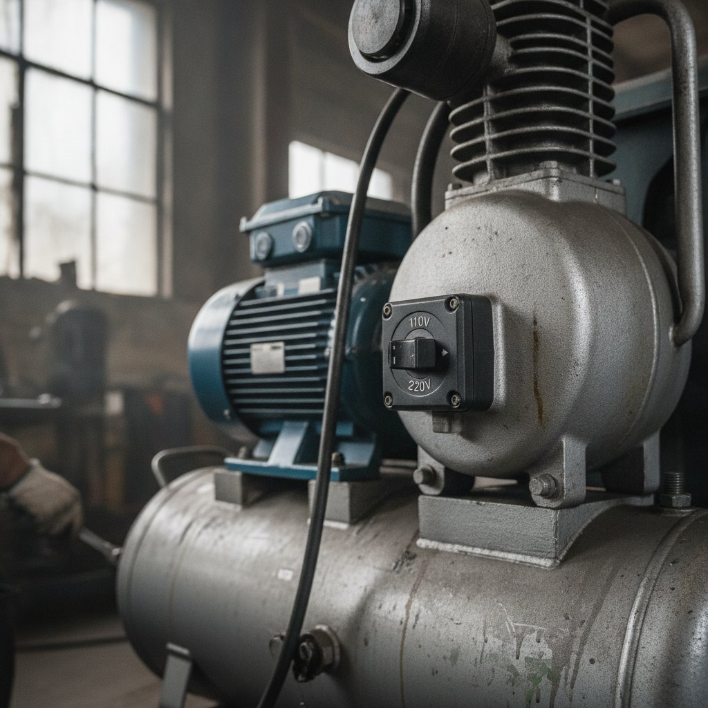 Detalhe da chave seletora bivolt em motor de compressor de ar, mostrando posições 110V e 220V