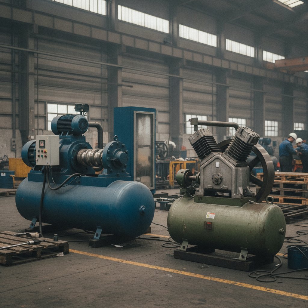 Compressor de parafuso industrial ao lado de compressor de pistão de dois estágios, comparando os dois tipos para escolha de compra